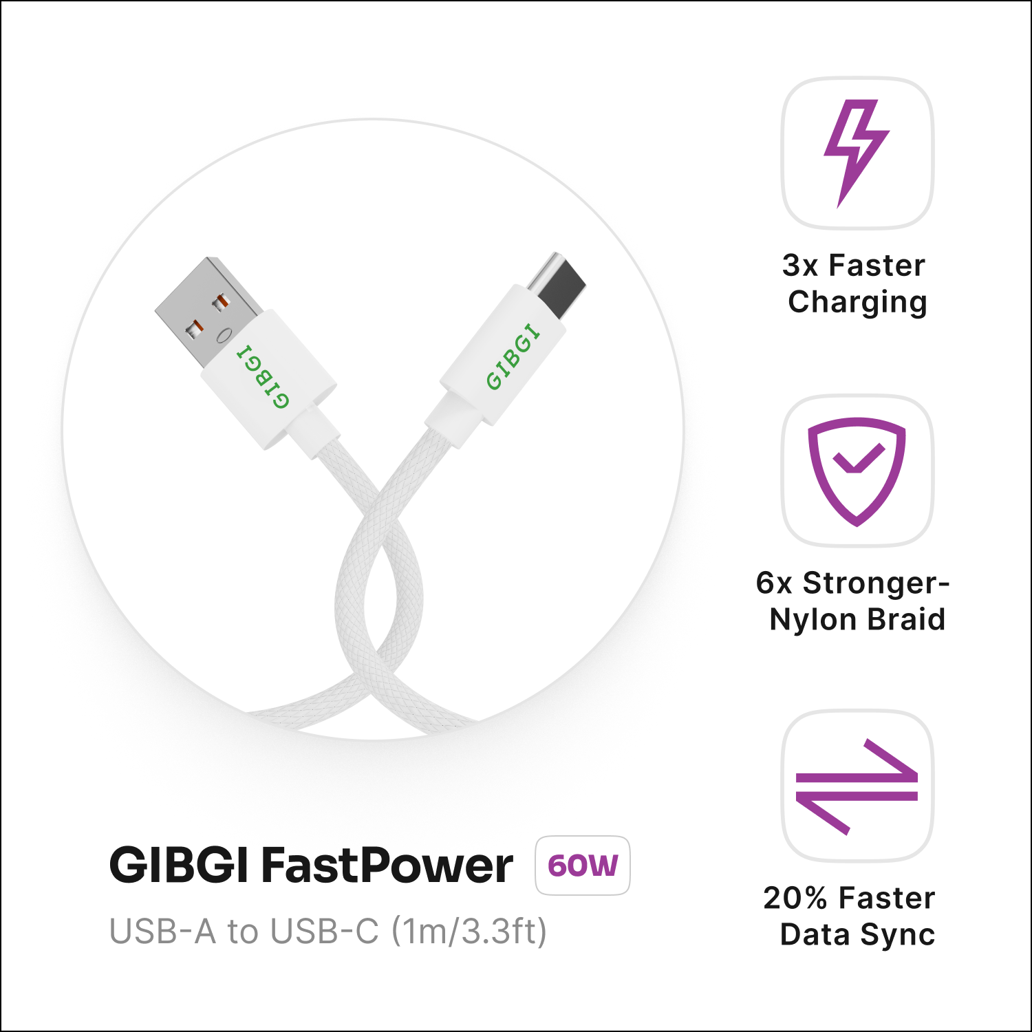 GIBGI FastPower USB A to USB C 60W Fast Charging Cable