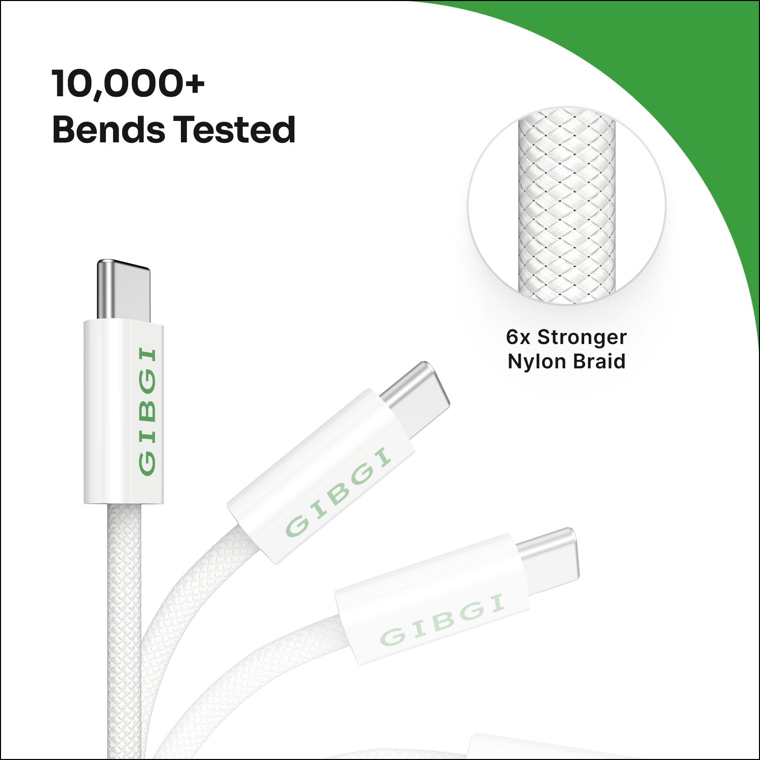 GIBGI FastPower 60W USB-A to USB-C Charging Cable (1m Nylon Braided, White) - Image 2
